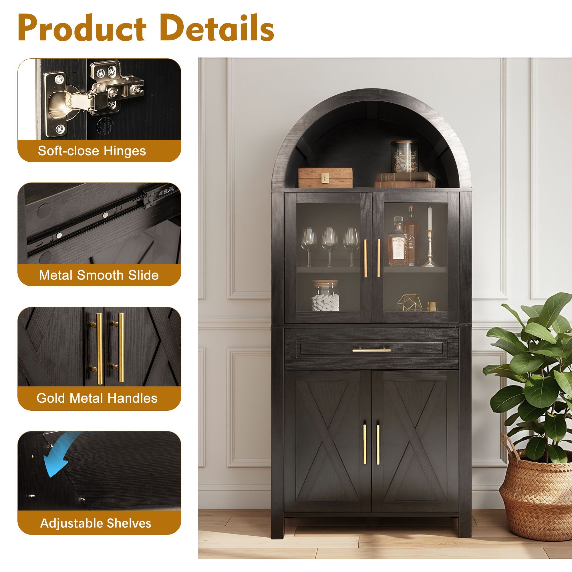 Arched Kitchen Pantry Cabinet With Adjustable Shelves & Barn Door Design