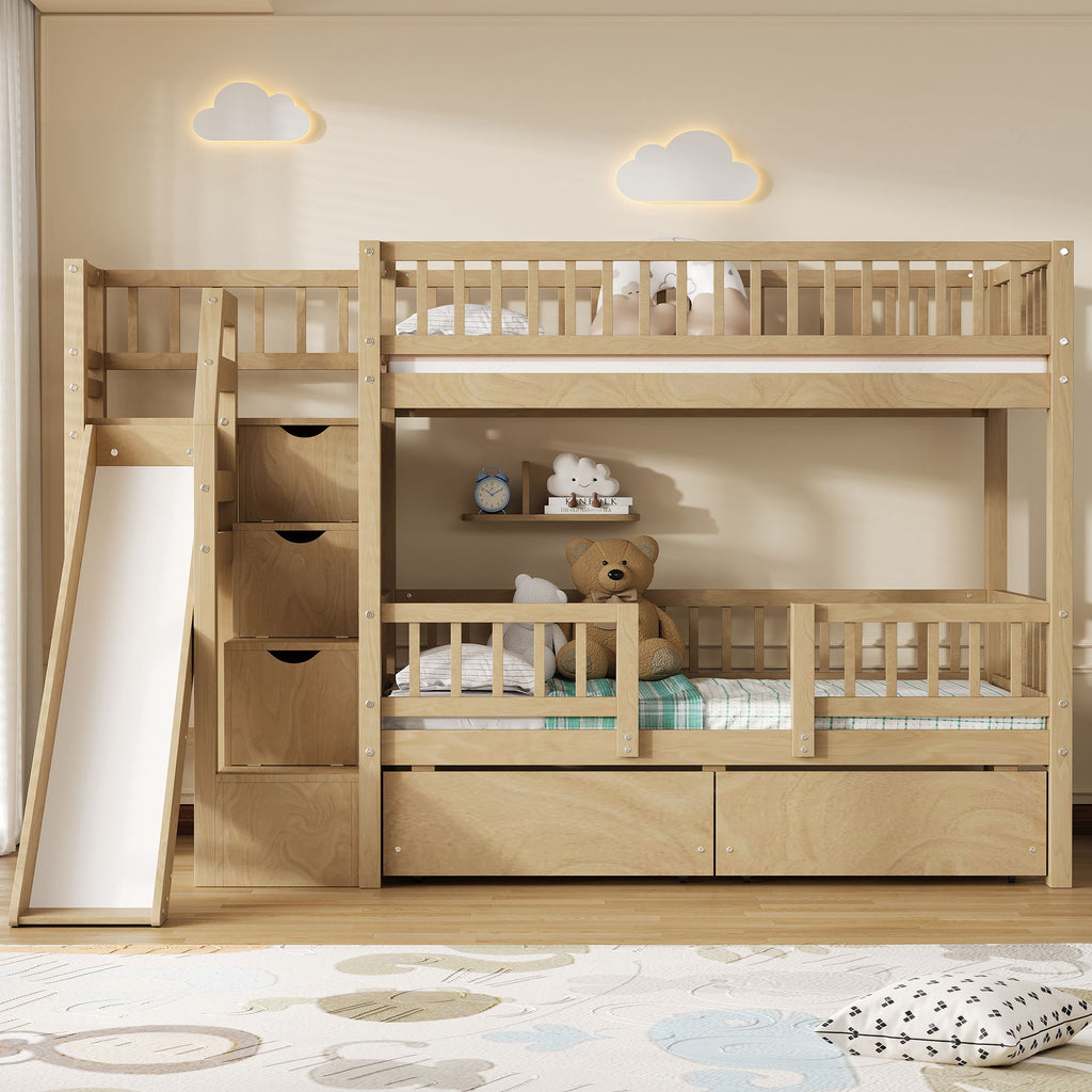 Bunk Bed With Storage Staircase, Slide And 2 Drawers