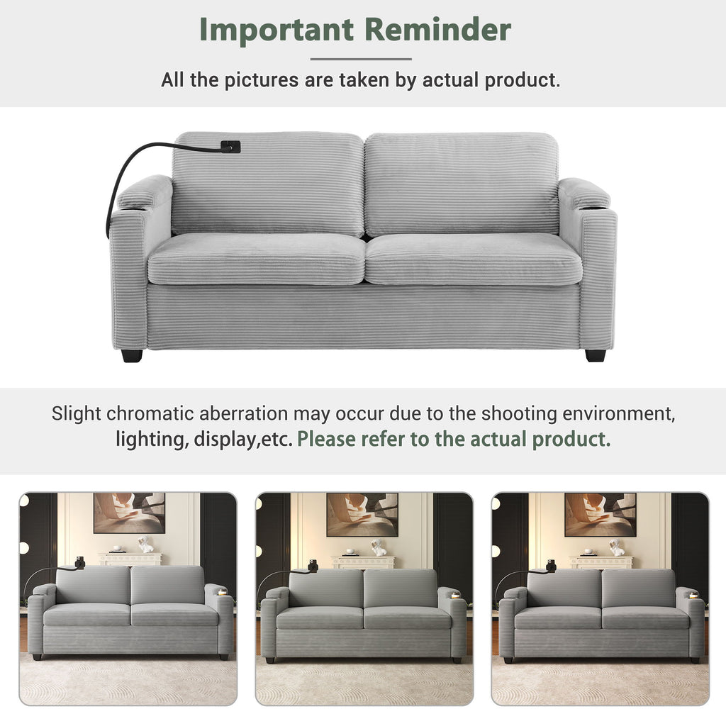 Sleeper Sofa Loveseat Sofa With Full Size Mattress, 2 USB Ports, 2 Cup Holders, 2 Side Pockets And Phone Holder