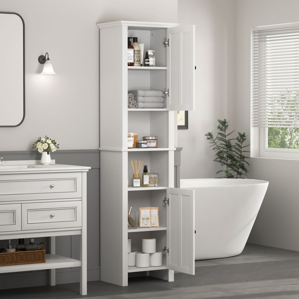 Wooden Bathroom Floor Storage Cabinet With 2 Doors And 6 Shelves - White