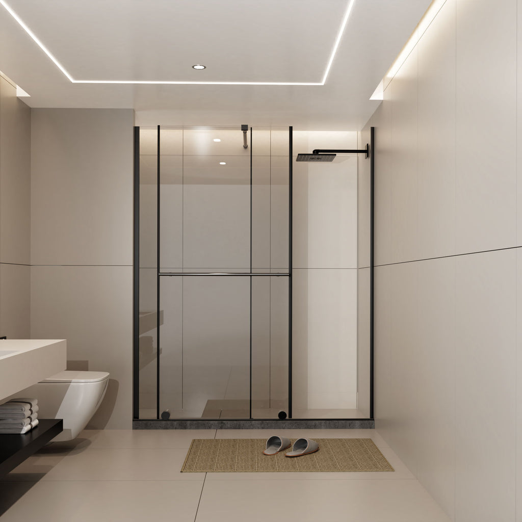 Glass Shower Door, Shower Sliding Door Walk In Shower Screen Dual Usage, 1 / 4" Thick Glass Panel With Stainless Steel Handle, Supporting Bar - Black