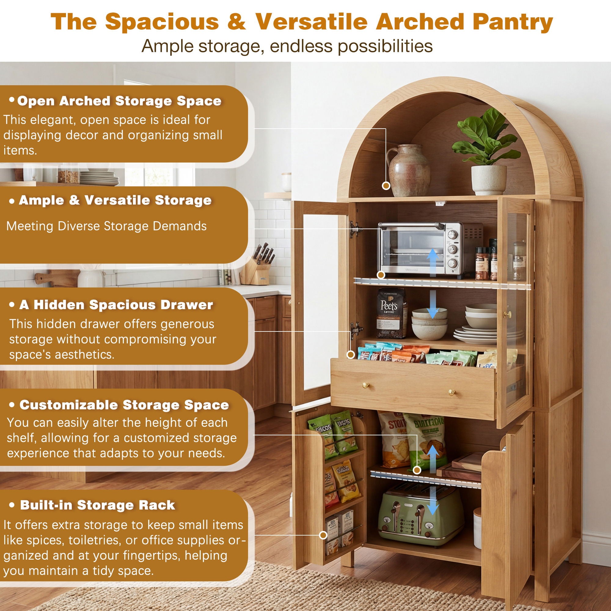 Fluted Tall Arched Pantry Cabinet With Adjustable Shelves