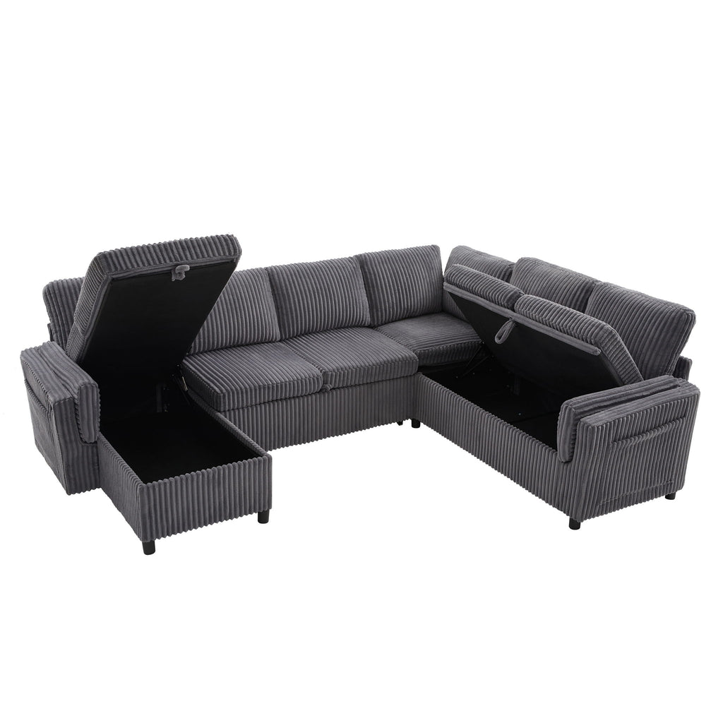 Convertible U-Shaped Sectional Sofa Bed With USB Ports And Storage