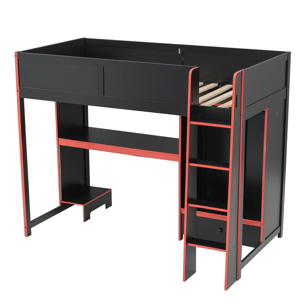 Gaming Loft Bed With Built In Desk, Wardrobe, LED Lighting And Drawer