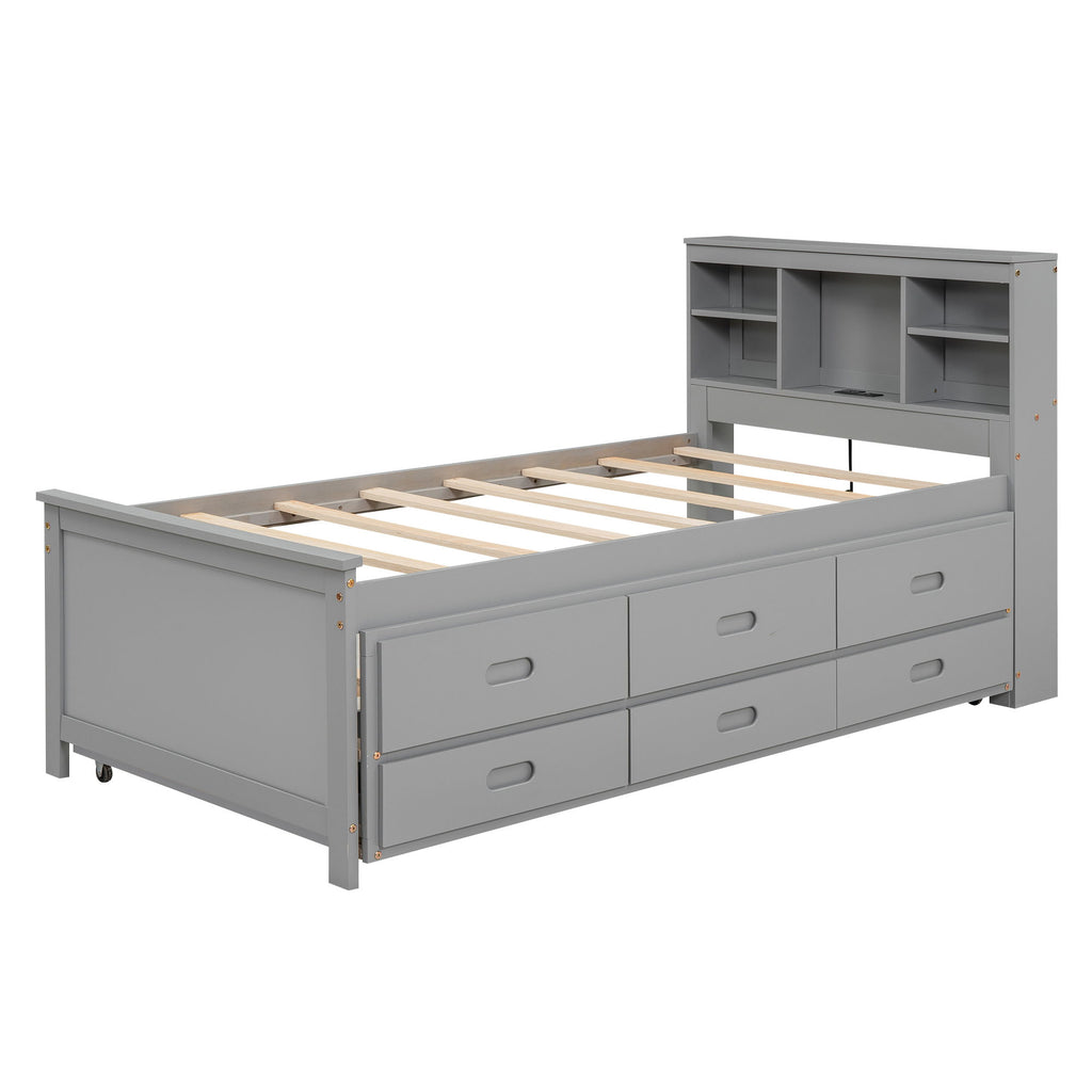 Platform Bed With Storage Headboard, USB, Trundle And 3 Drawers