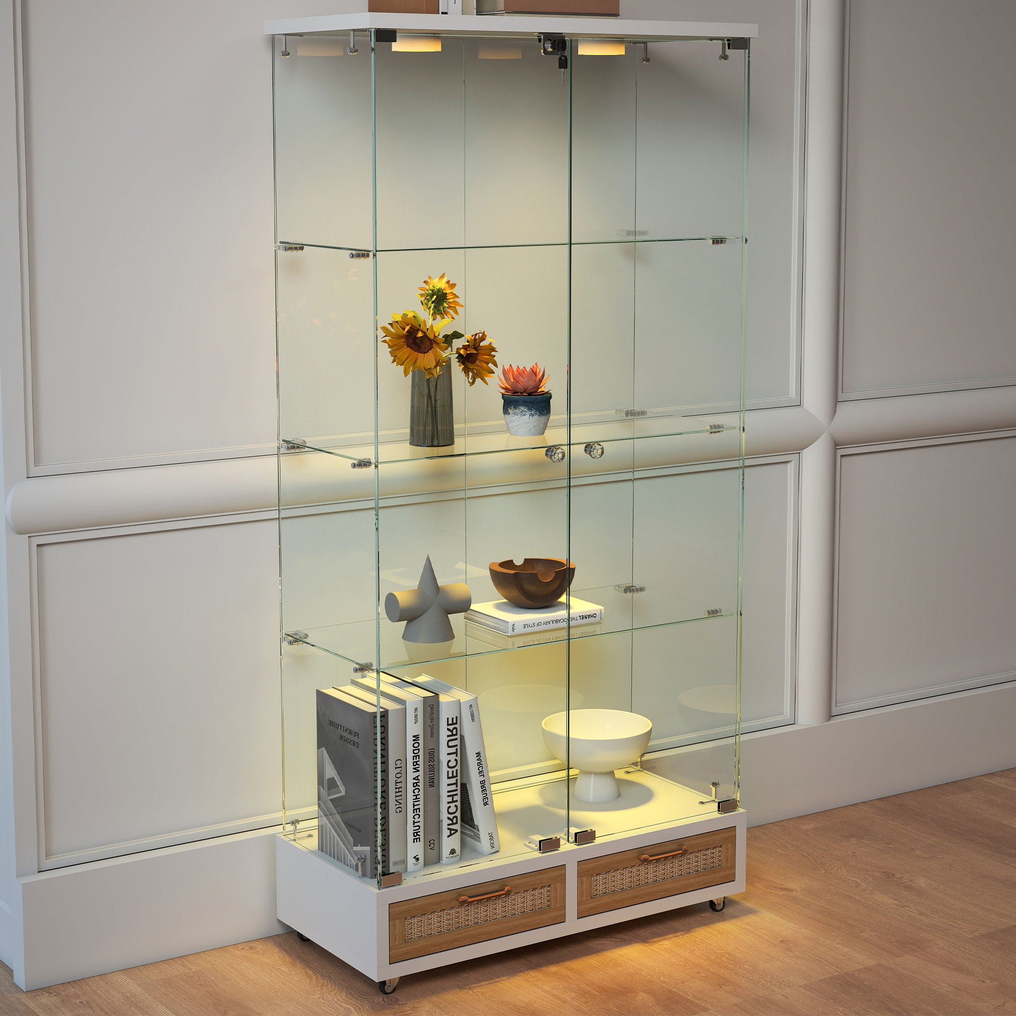 Glass Display Cabinet With LED Lights, Tempered Glass Doors, Large Drawers, 2 Door Storage Case With 4 Shelves - Natural / White