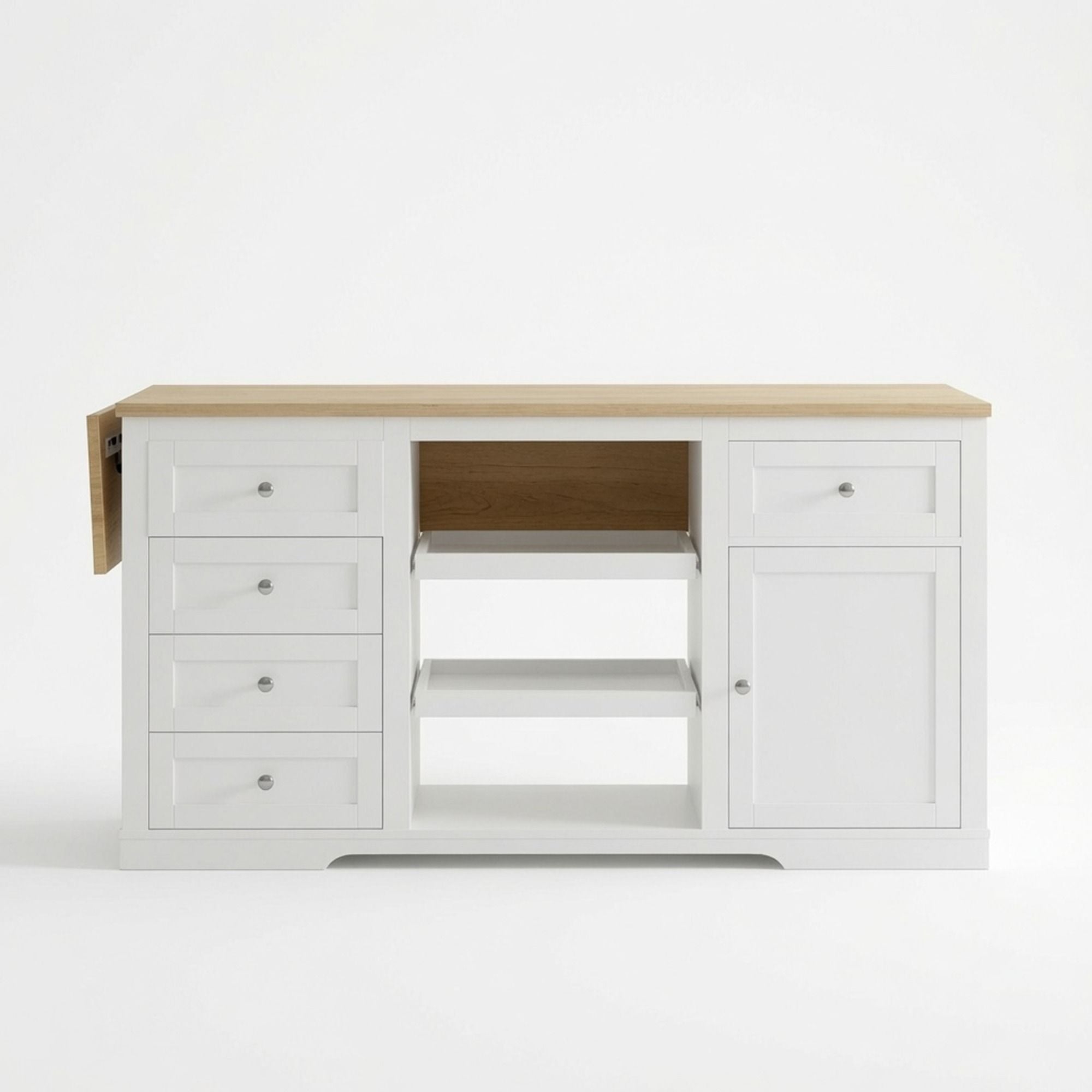 Drop Leaf Kitchen Island With Storage, Power Outlet & Pet Bowl Drawer - White / Light Oak