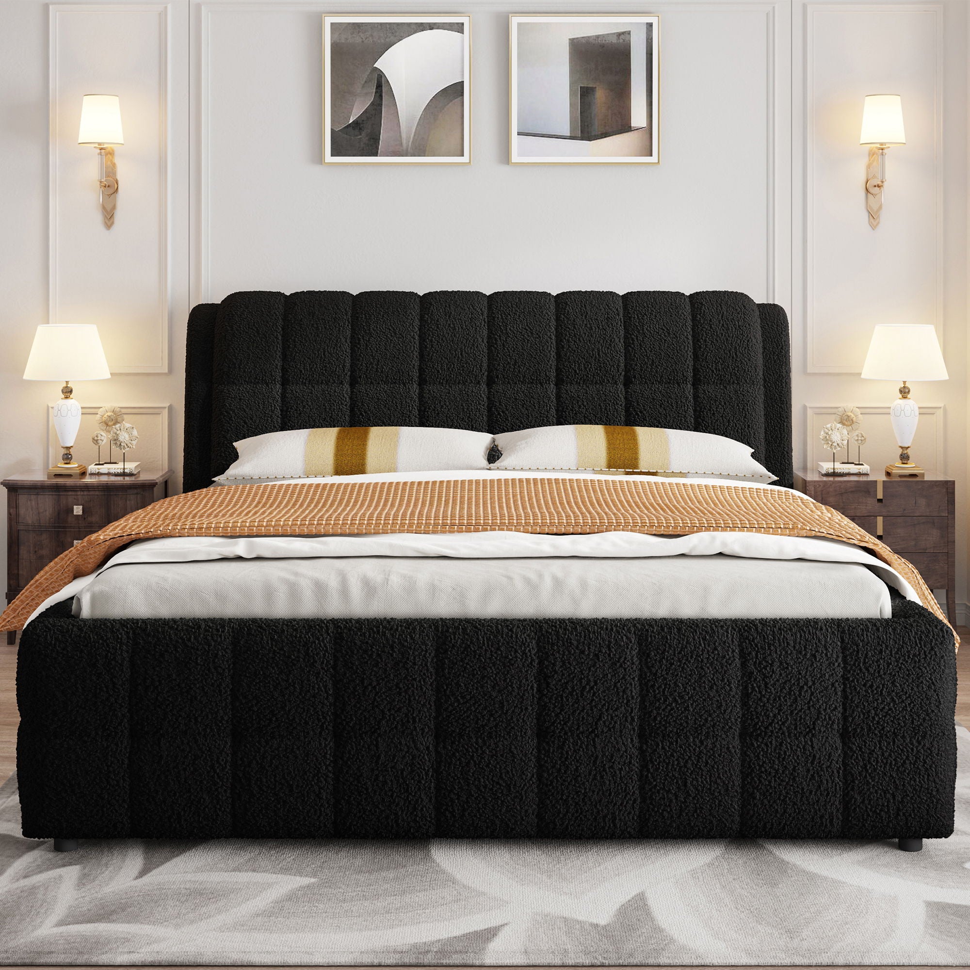 Upholstered Platform Bed With Stiching Details