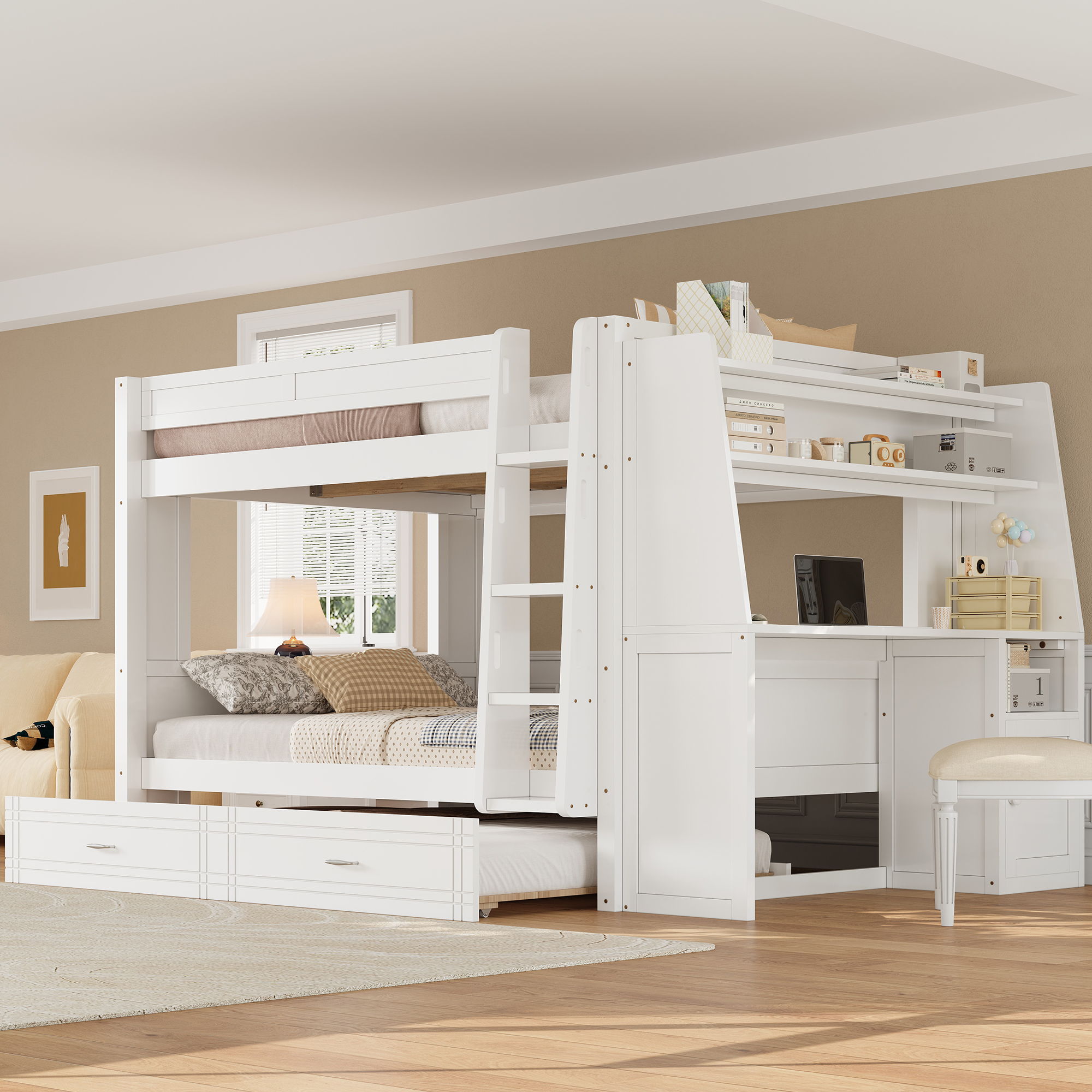 Multifunctional Bunk Bed With Desk, Bookshelves