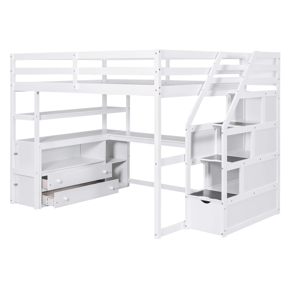 Loft Bed With Desk, Shelves, 2 Drawers, Storage Staircase