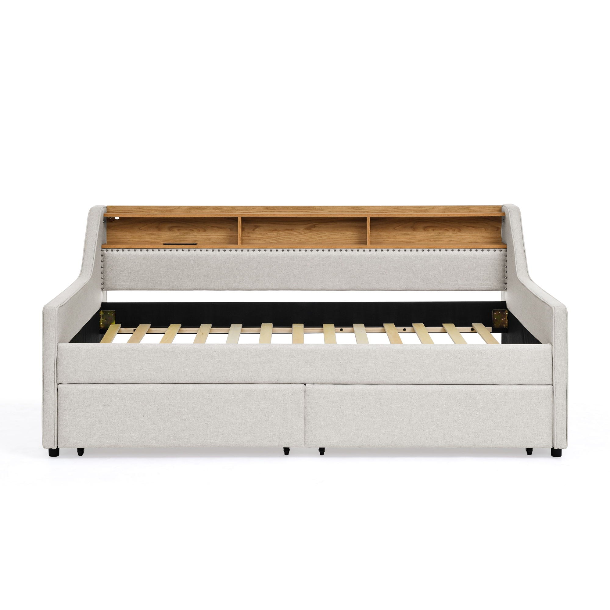 Twin Upholstered Sofa Bed With LED Lights, Storage Drawers, Adjustable Headboard & Wireless Charging - Beige
