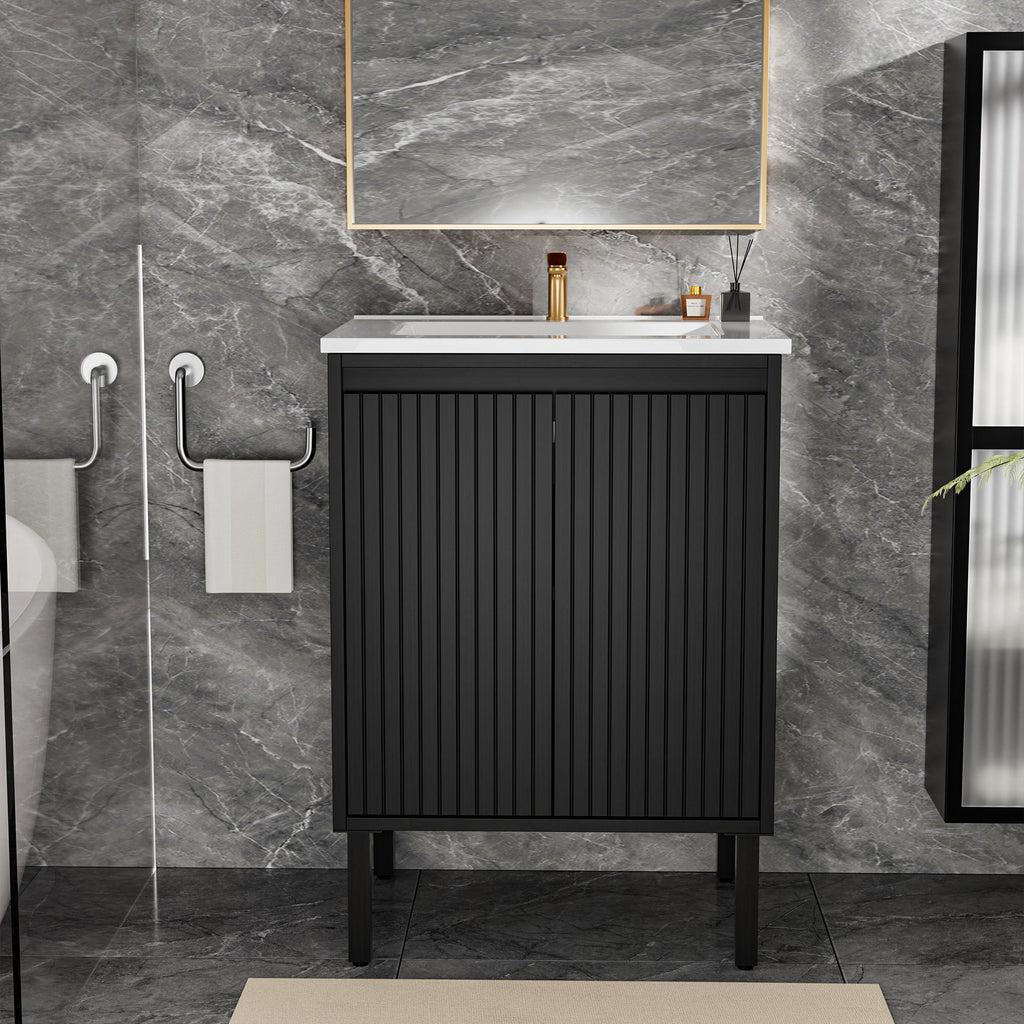 Bathroom Vanity With Ceramic Sink, Floor-Standing Design, Soft-Closing Drawers