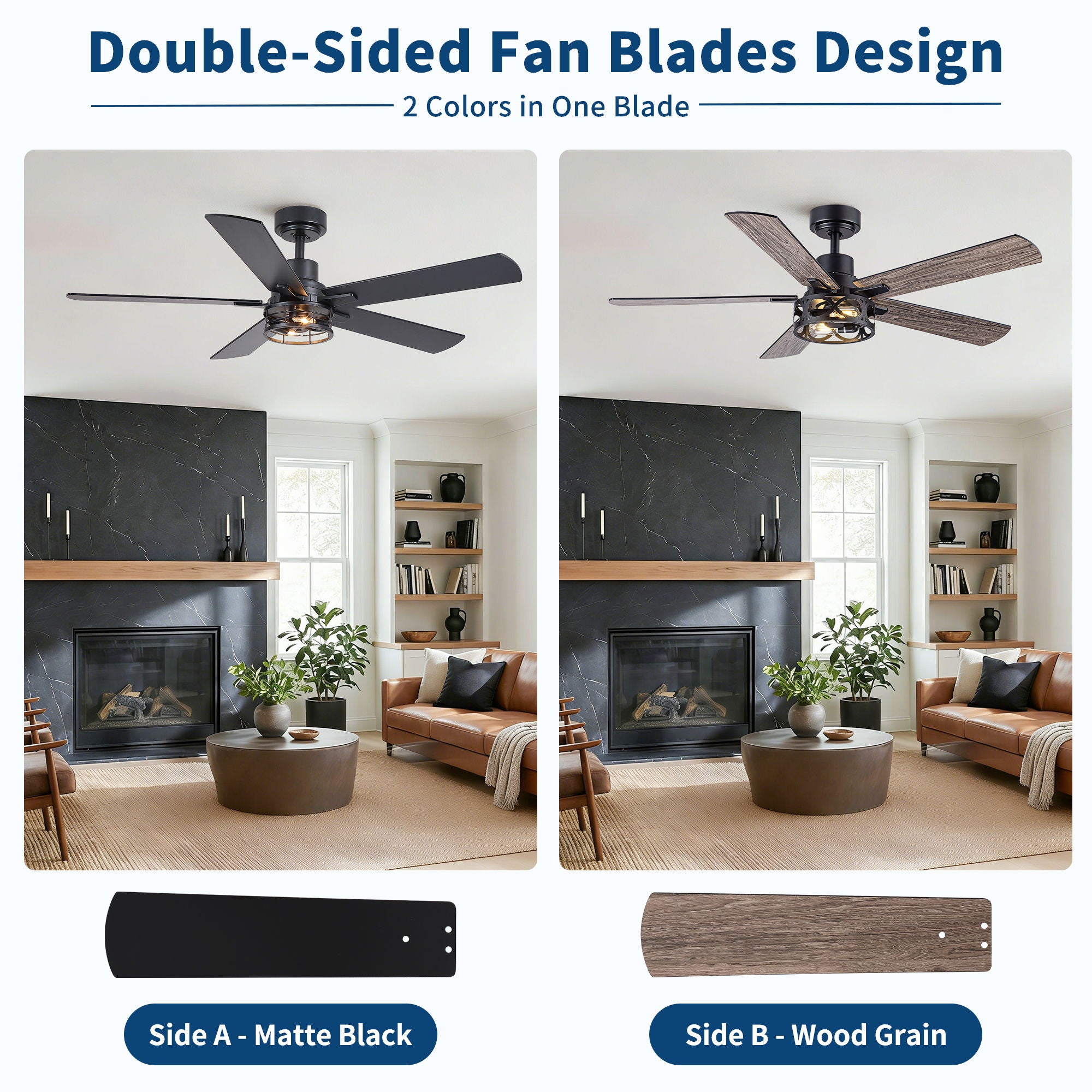 Ceiling Fan With Light, Dual‑Sided Matte Black & Wood Grain Blades - Black
