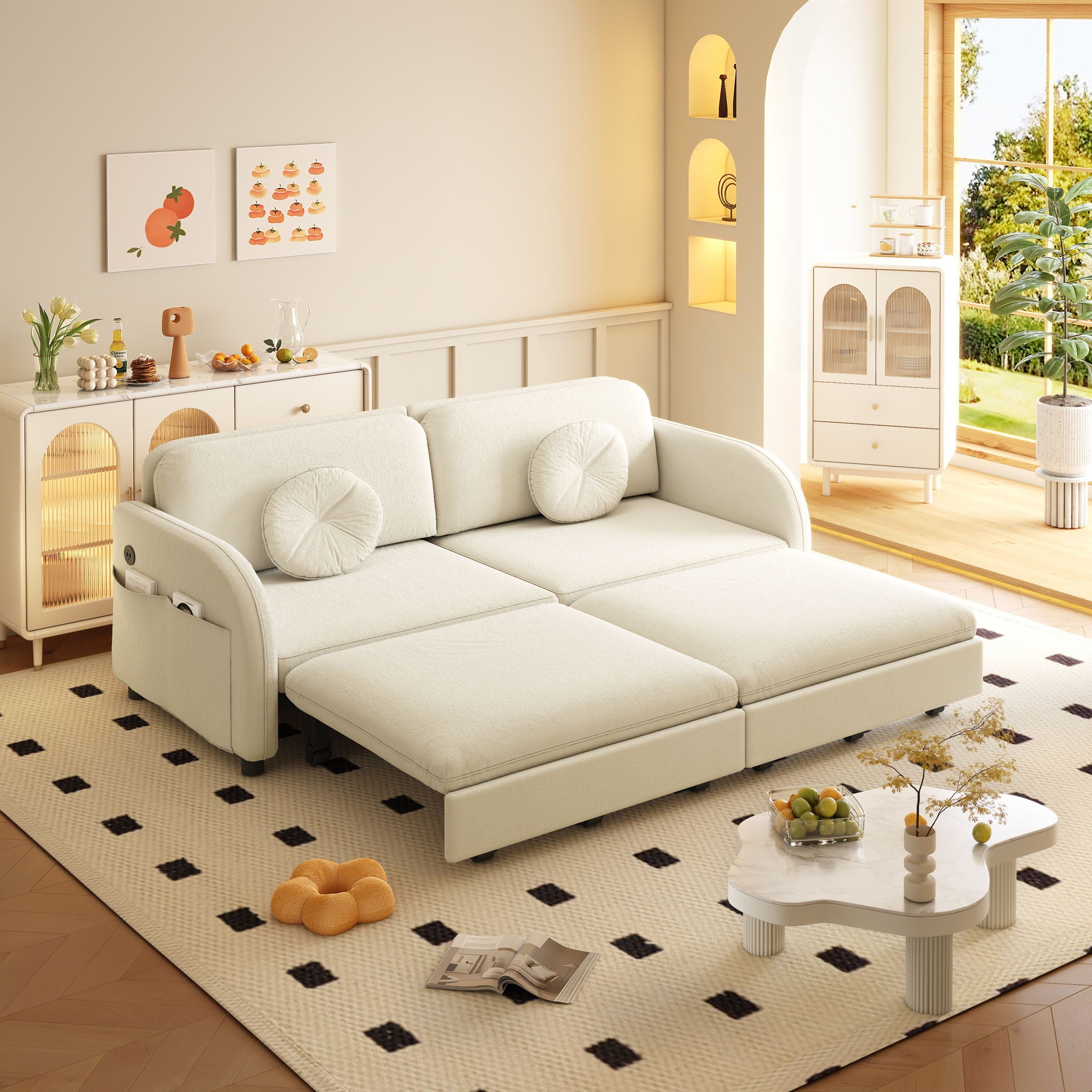 Upholstered Pull Out Couch With Side Pocket & USB Port