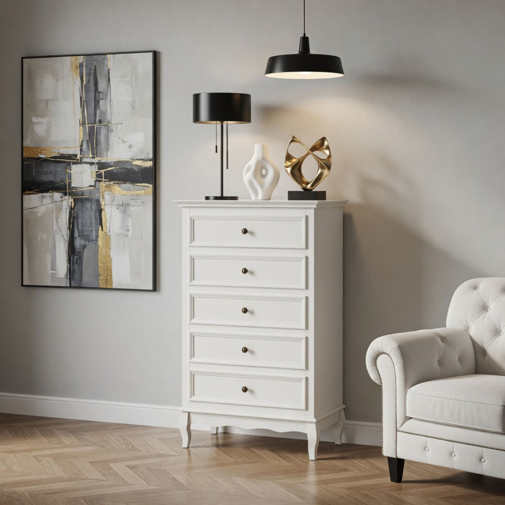 5 Drawer Tall Wide Chest Of Drawers - White