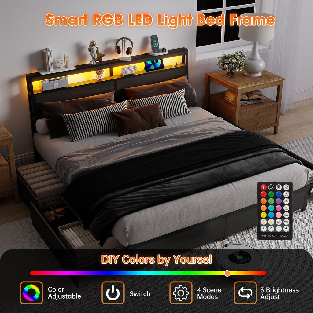 Bed Frame With Headboard, LED Lights & Charging Station