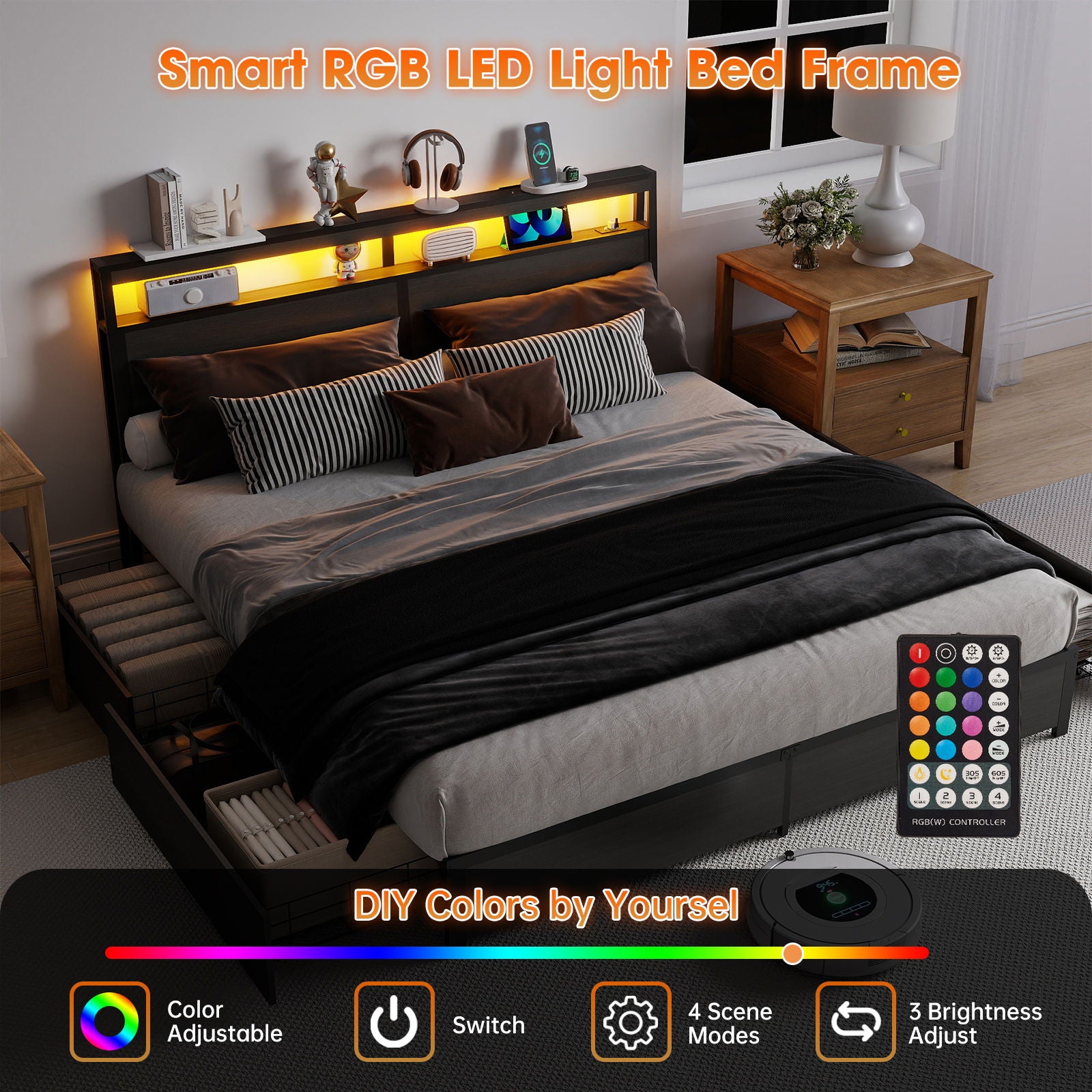 Bed Frame With Headboard, LED Lights & Charging Station
