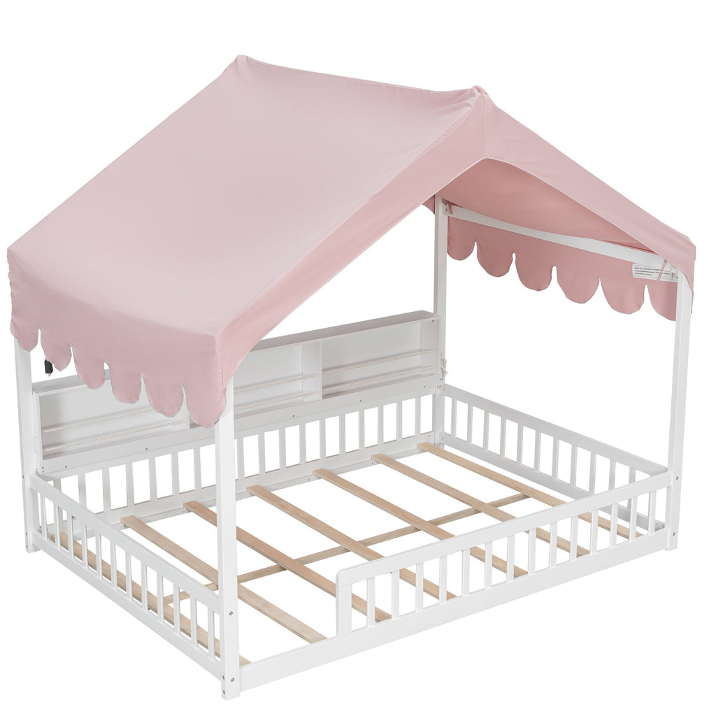 House Shaped Floor Bed With Fense, 3 Storage Bookshelves, Curtain And LED Light