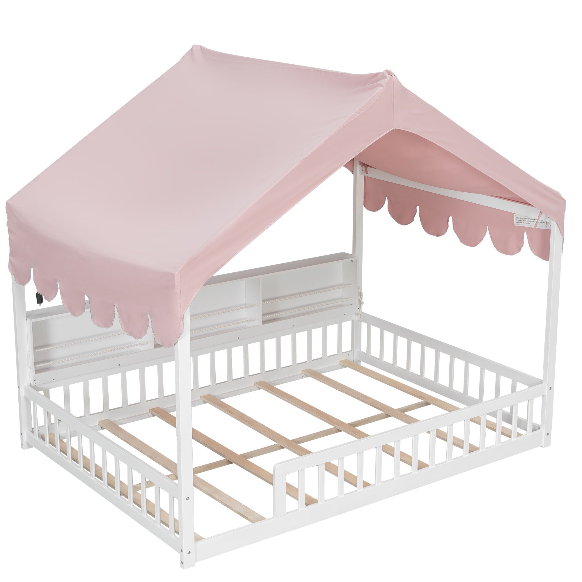House Shaped Floor Bed With Fense, 3 Storage Bookshelves, Curtain And LED Light