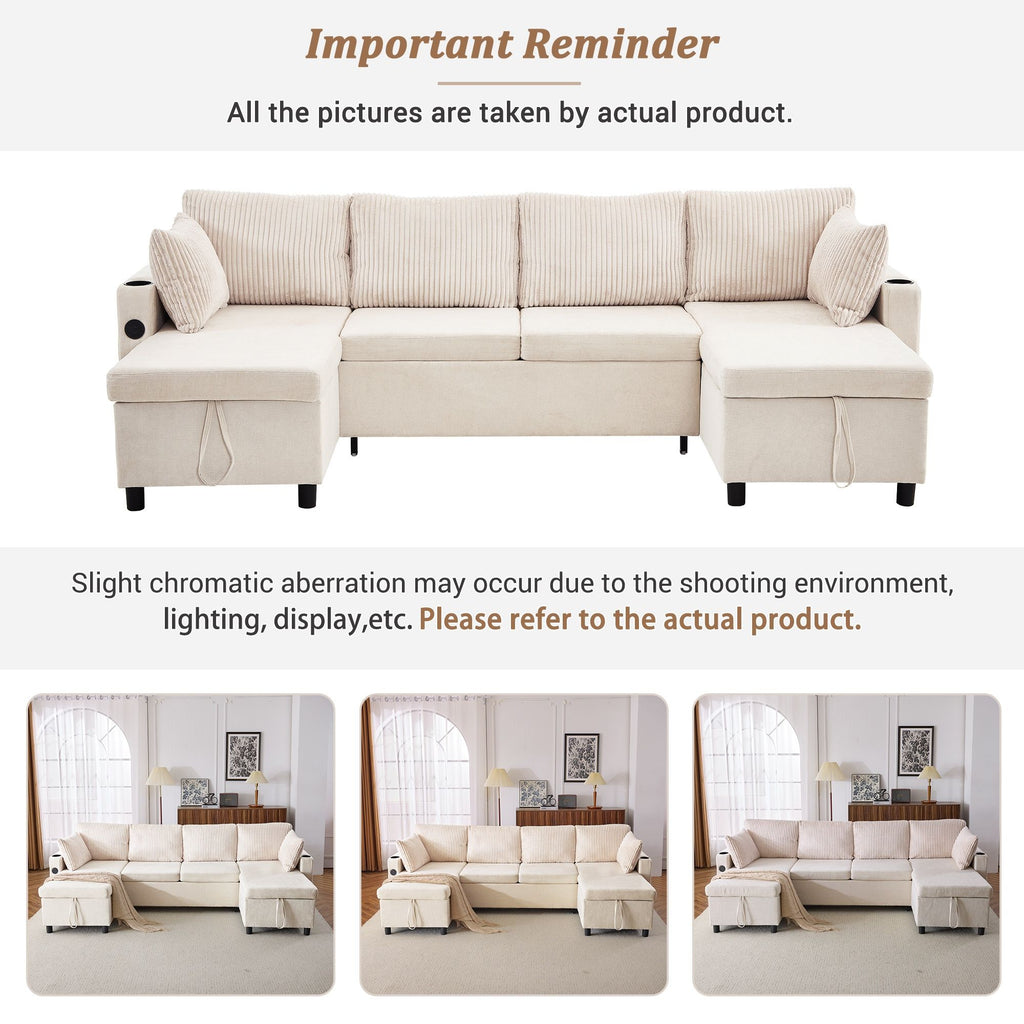 Sectional Sofa Bed With Pull Out Sleeper, USB Ports, Cup Holders