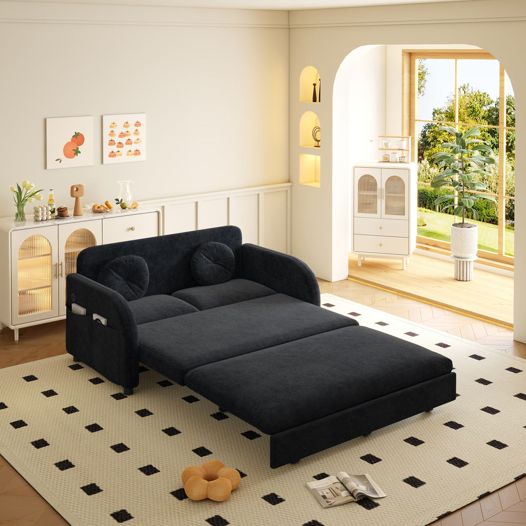 Upholstered Pull Out Couch With Side Pocket & USB Port