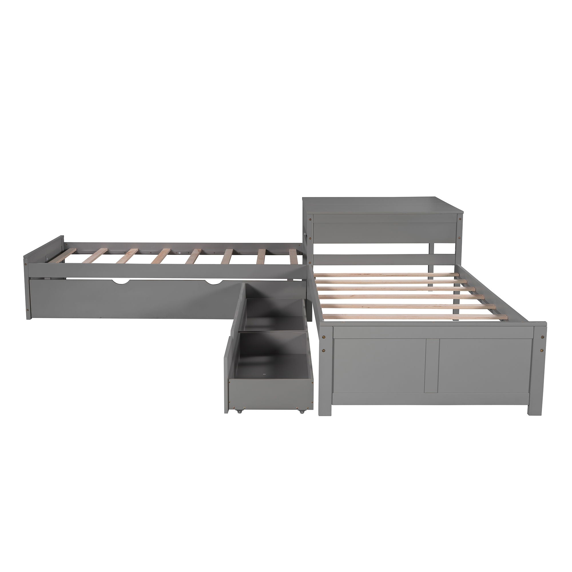 L Shaped Platform Bed With Trundle And Drawers Linked With Built In Desk