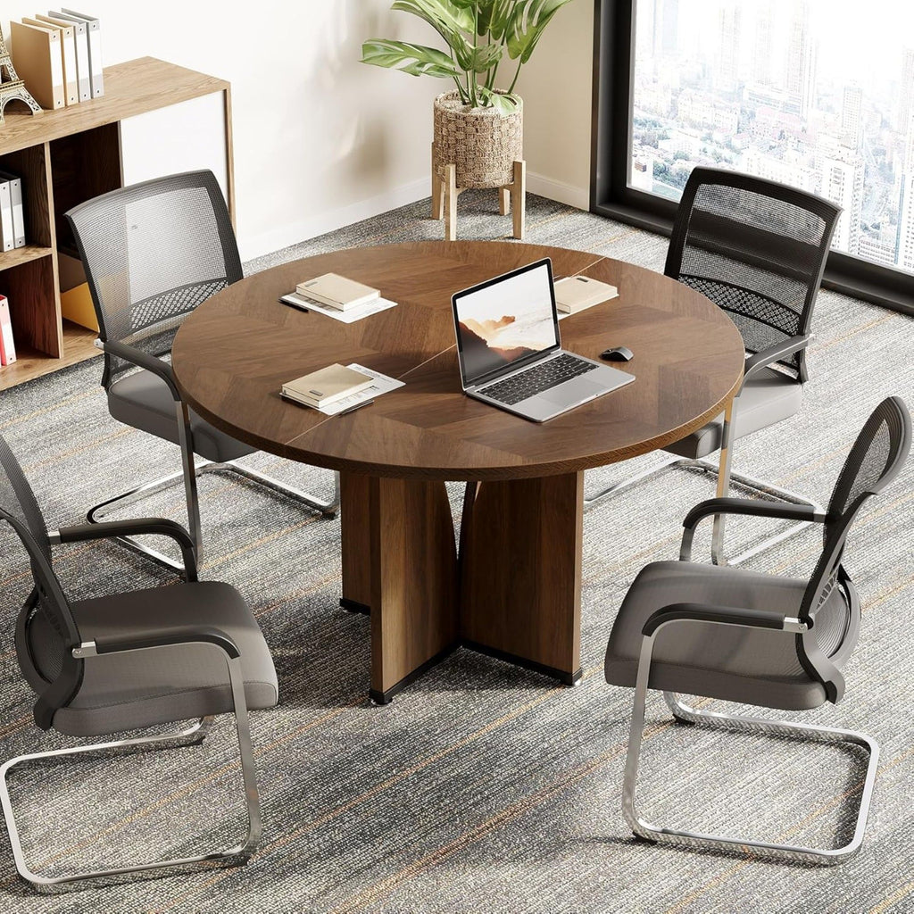Round Conference Table With X Base - Dark Brown