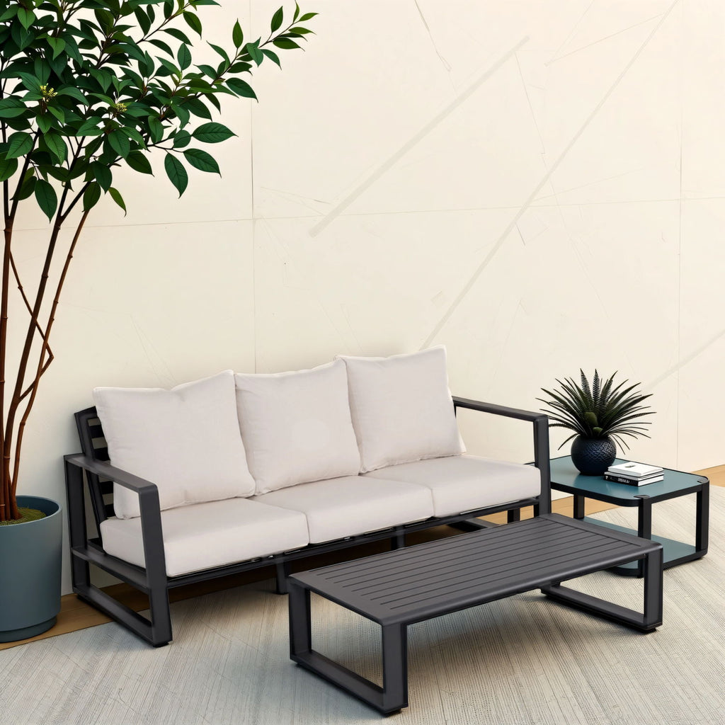 3 Person Sofa With Rectangular Coffee Table, Cushions Tino Tino - Beige