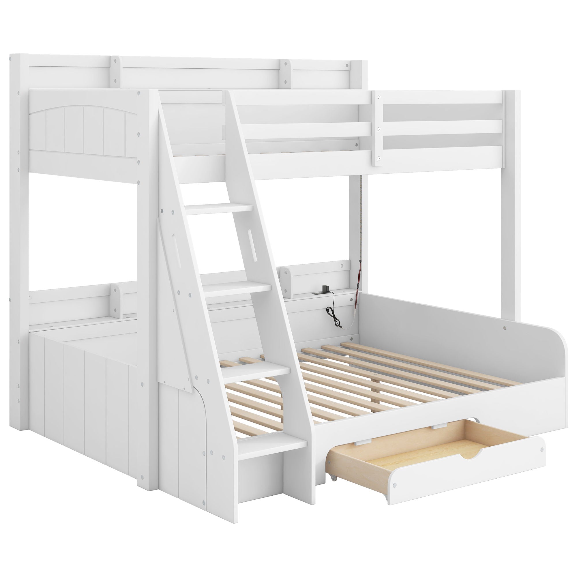 Bunk Bed With Storage Shelves, LED Lighting, Charging Station And Drawer