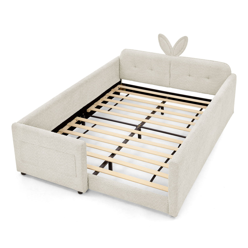 Cute Rabbit Ear Upholstered Platform Bed Frame With Safety Rail