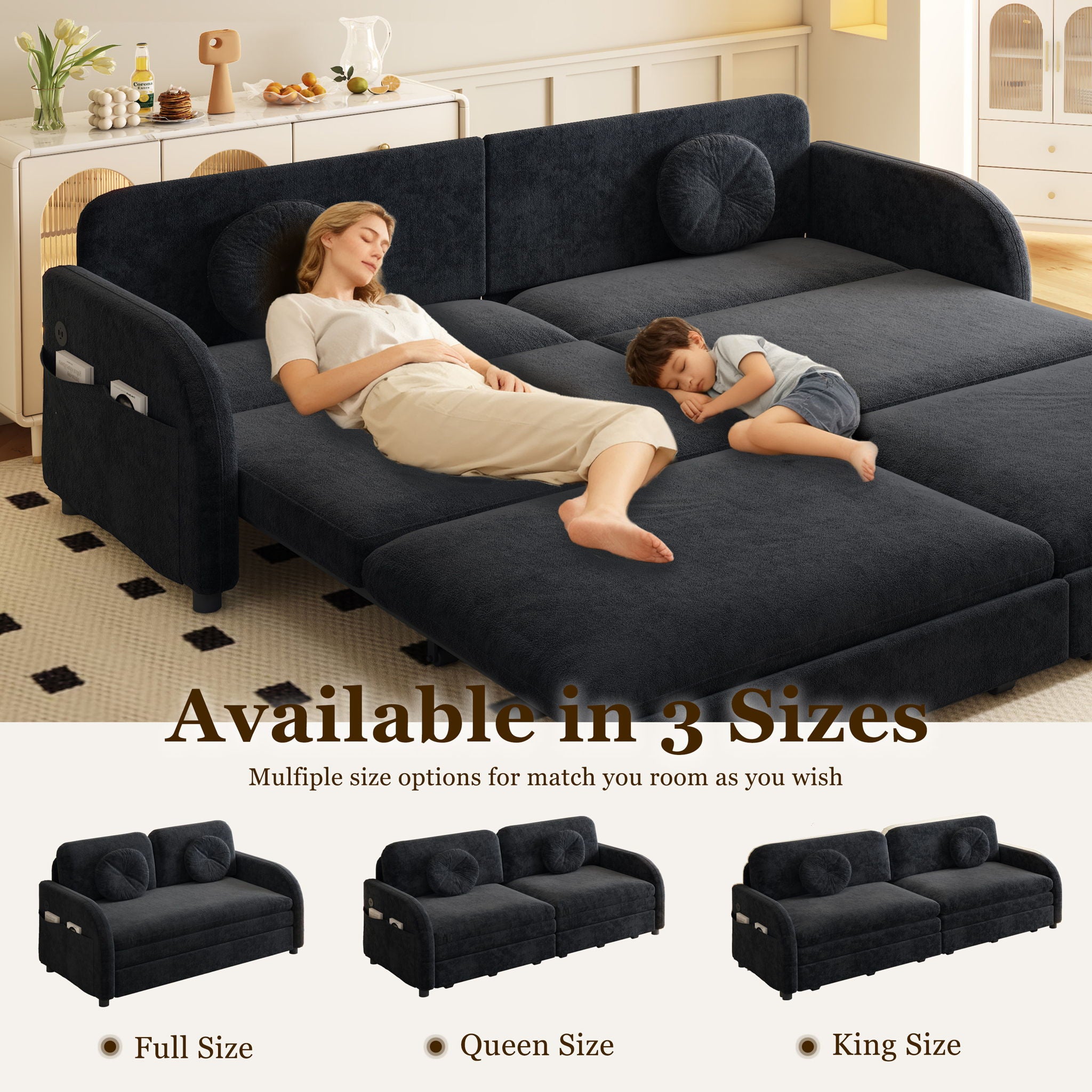 Upholstered Pull Out Couch With Side Pocket & USB Port