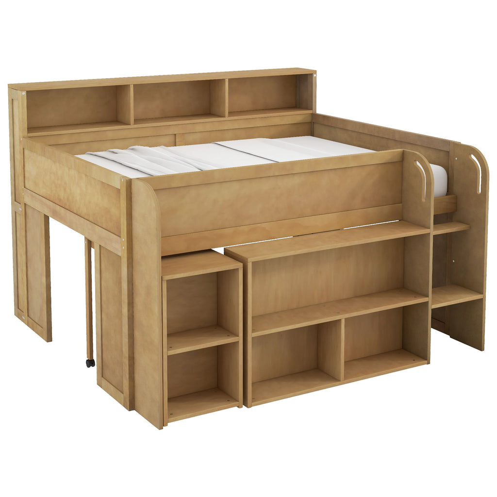 Loft Bed With Built-In Desk, LED Lighting, And Multiple Storage Shelves