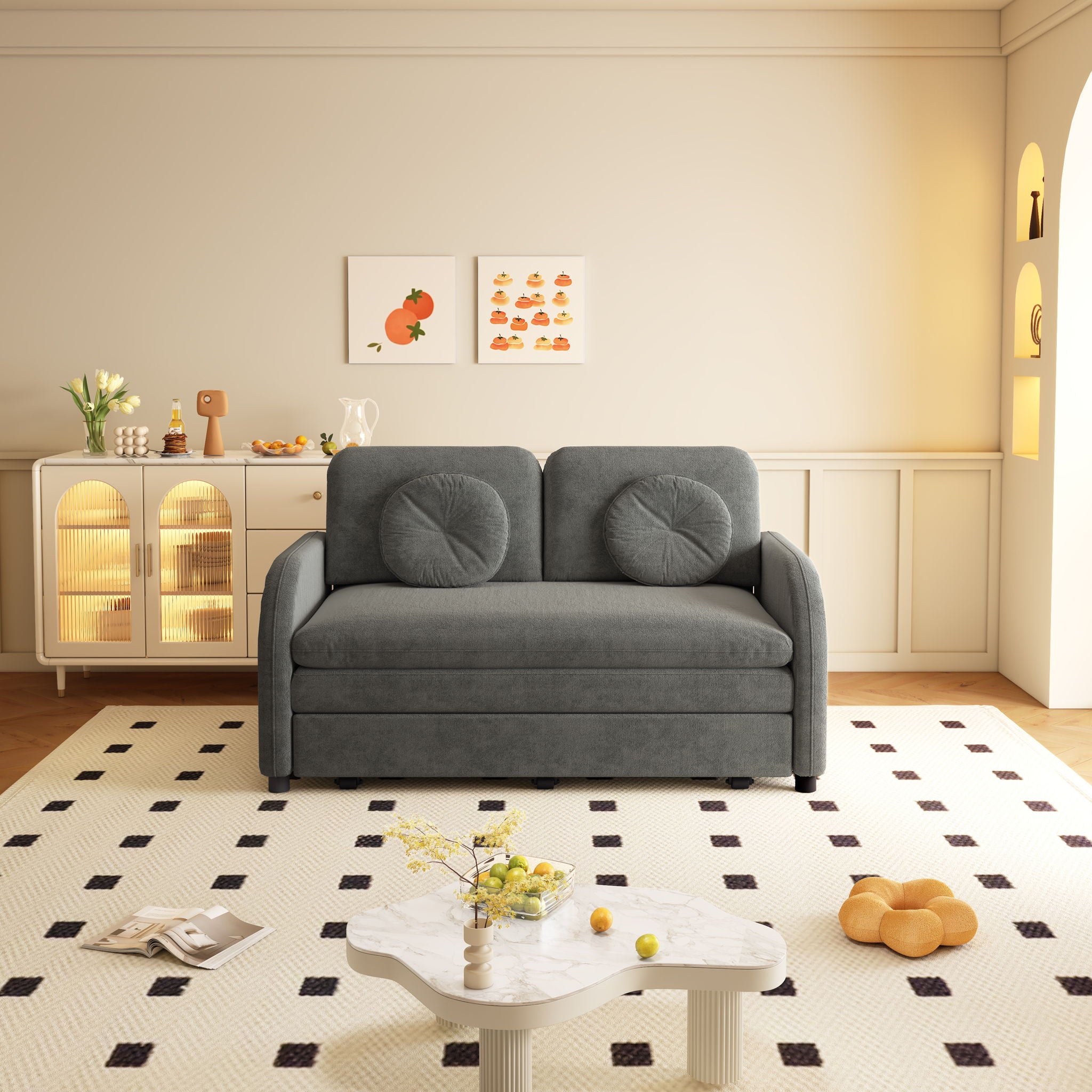 Upholstered Pull Out Couch With Side Pocket & USB Port