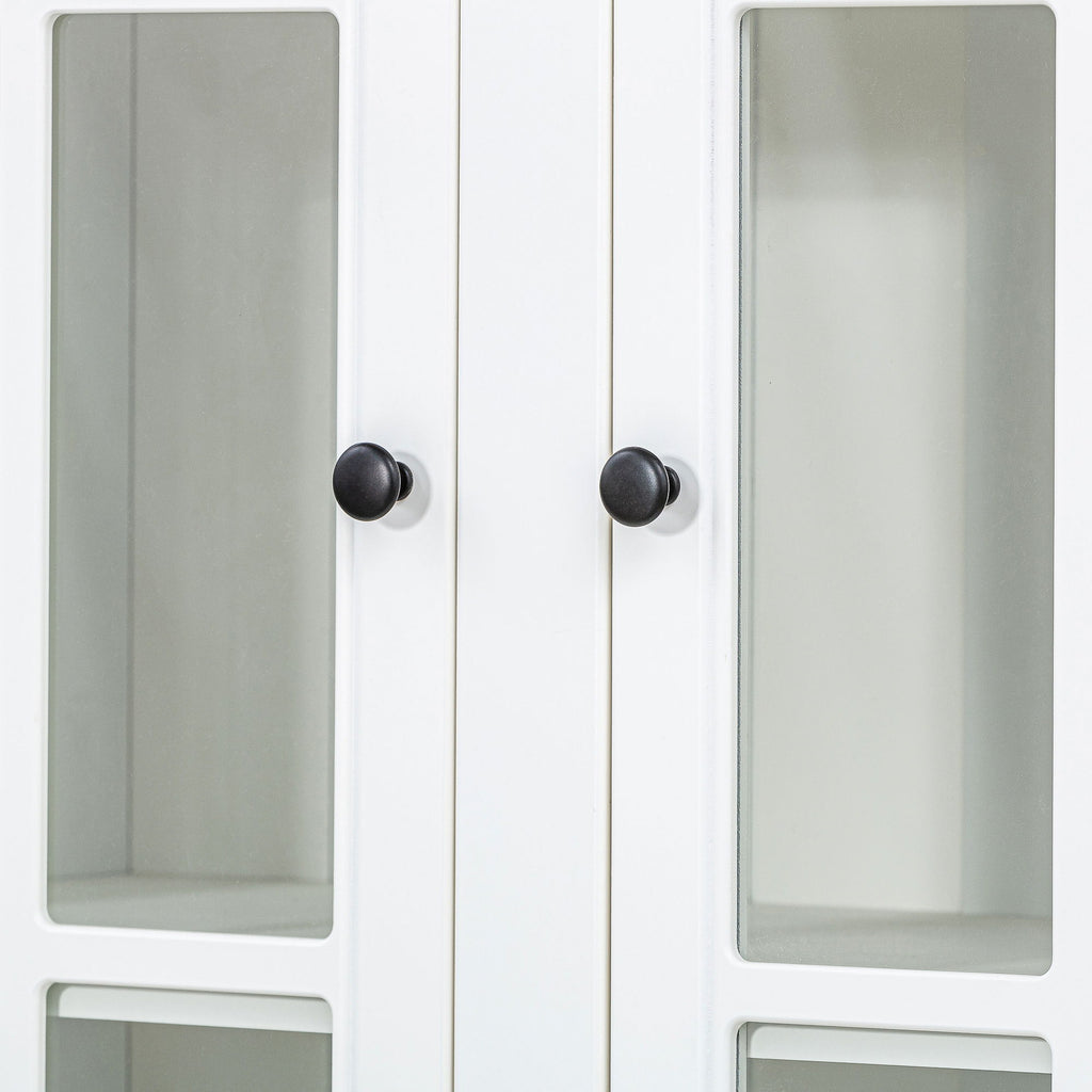 Retro Style Wall Suit With Glass Doors, 75.25" Tall Display Cabinets & Triangle Sided Bookshelves - White