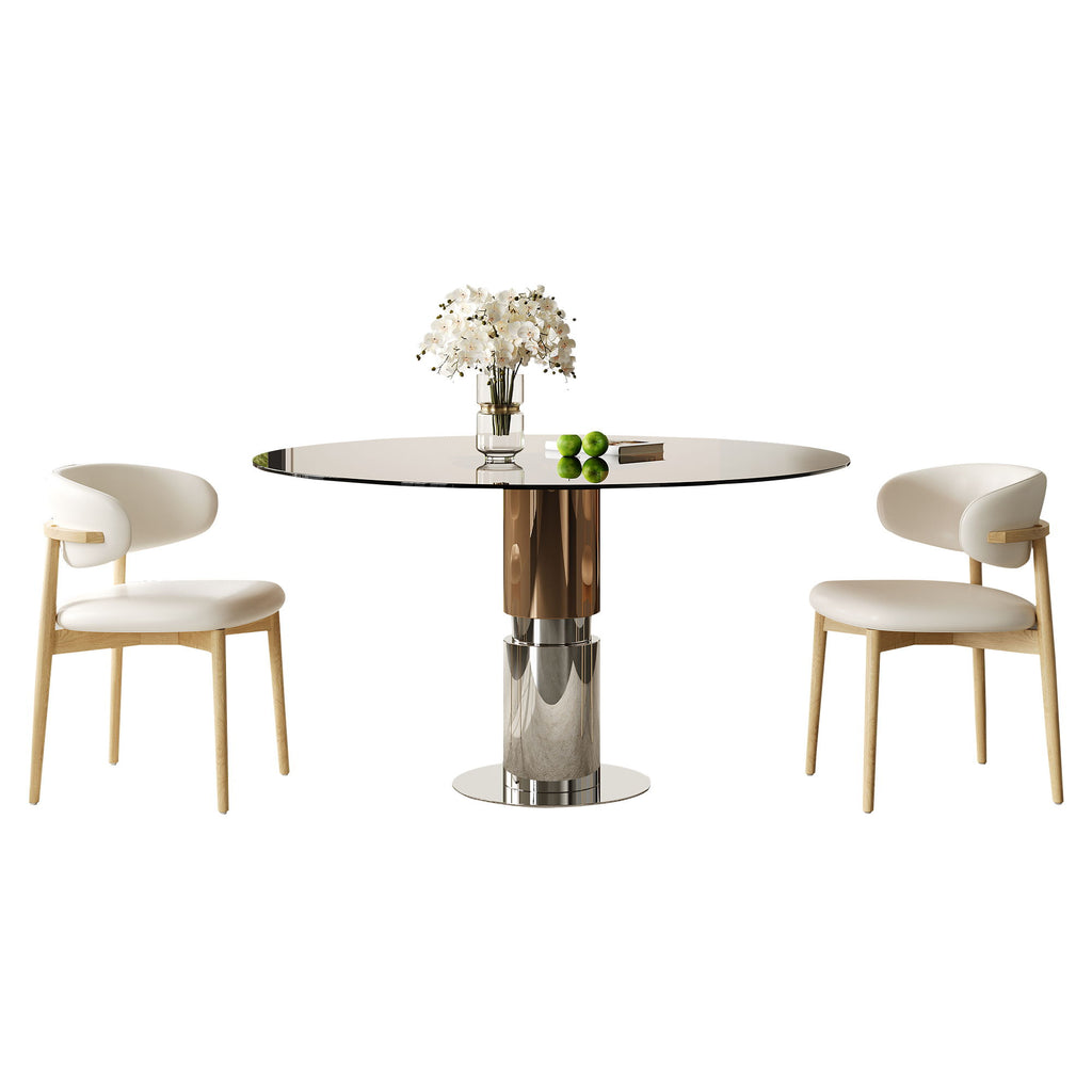 Round Dining Table & Tempered Glass Top - Brown