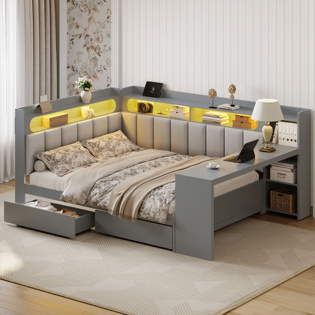 Daybed With Upholstered Headboard, Storage Shelves, Drawers, Charging Station, LED Light, And Adjustable Desk