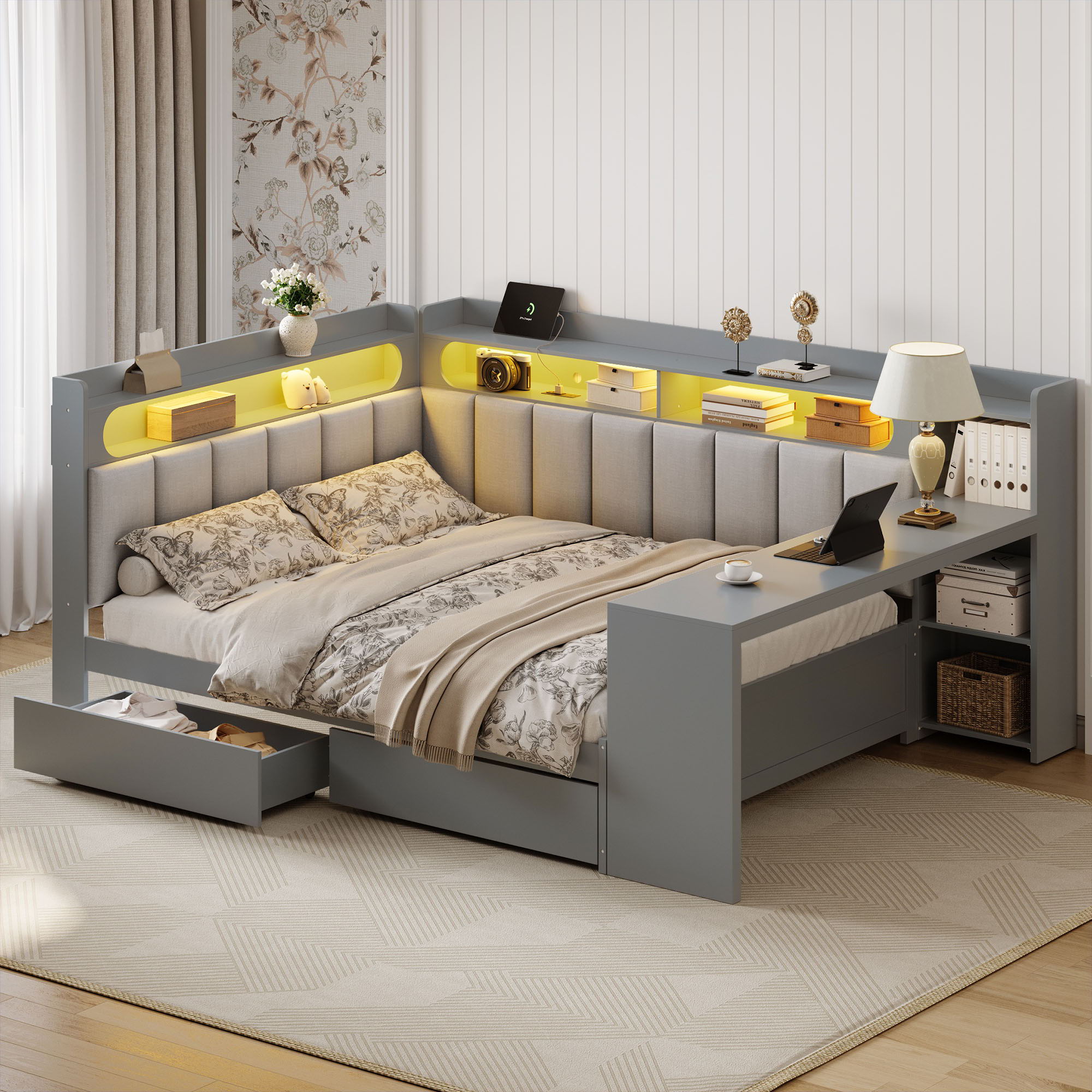 Daybed With Upholstered Headboard, Storage Shelves, Drawers, Charging Station, LED Light, And Adjustable Desk