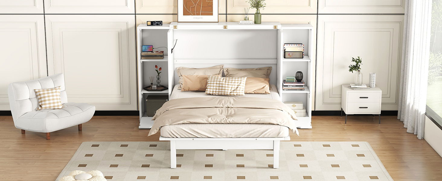 Murphy Bed With Shelves, Drawers And USB Ports