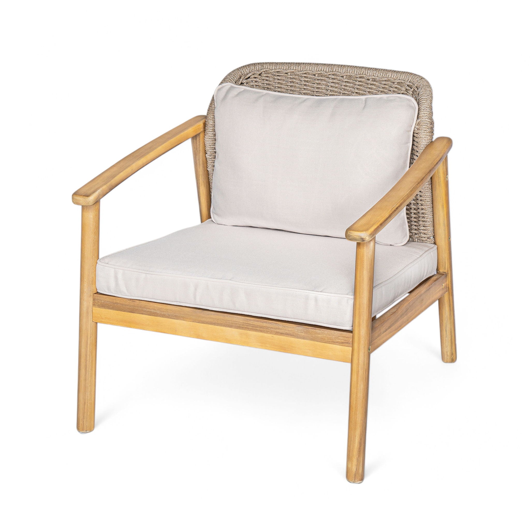 2 Piece Outdoor Acacia Wood Patio Club Chair, Patio Furniture Arm Chair With Woven Rope Backrest, Deep Seating For Porch - Light Teak / Beige