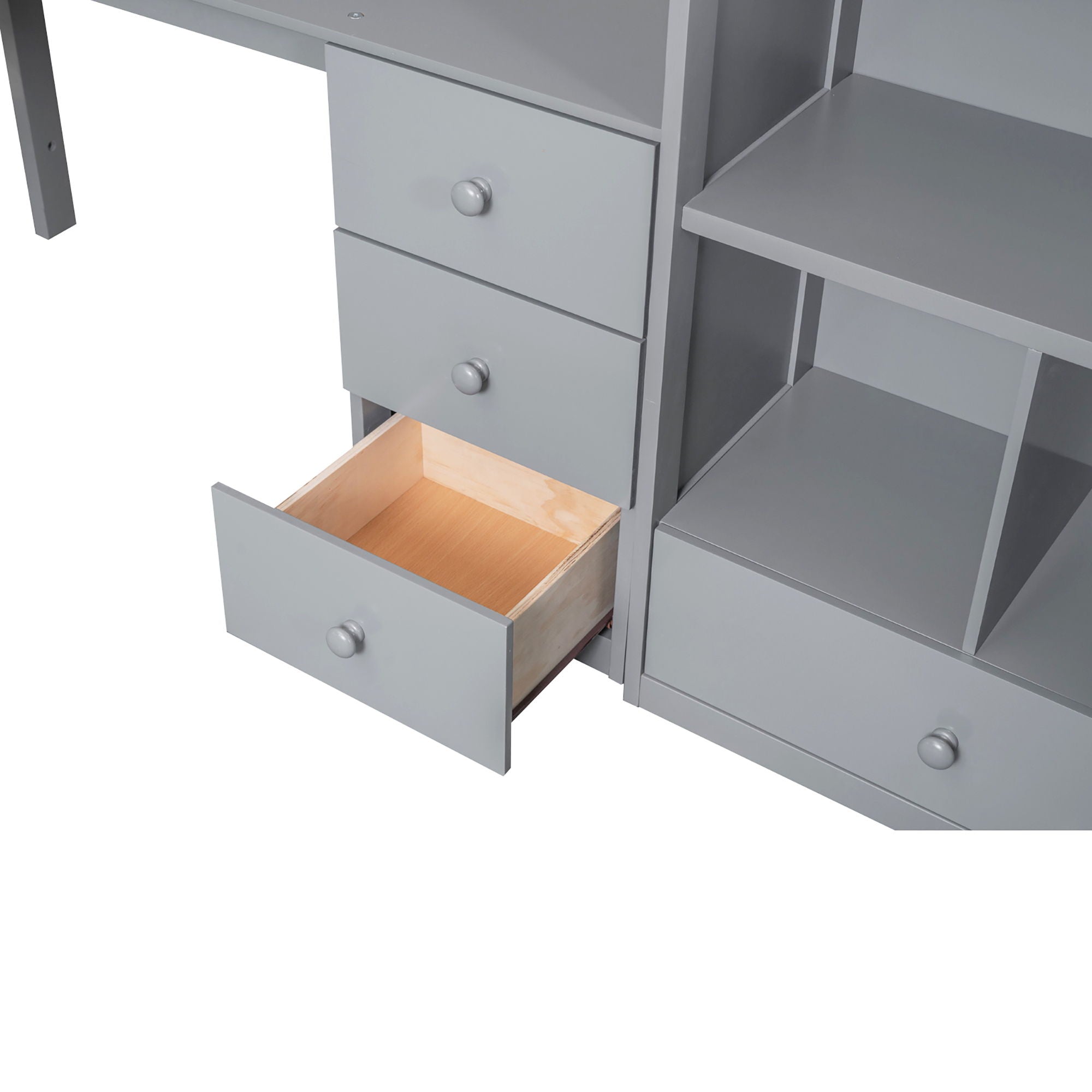 Loft Bed With L Shaped Desk, Drawers, Cabinet, And Storage Staircase