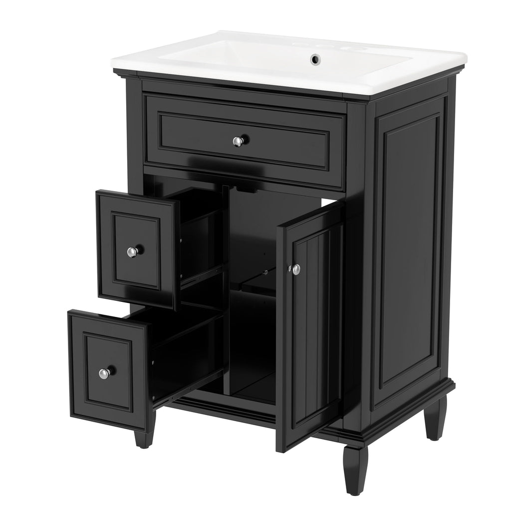 24" Bathroom Vanity With Sink, Cabinet, Adjustable Shelf, Flip Drawer & 2 Drawers - Black