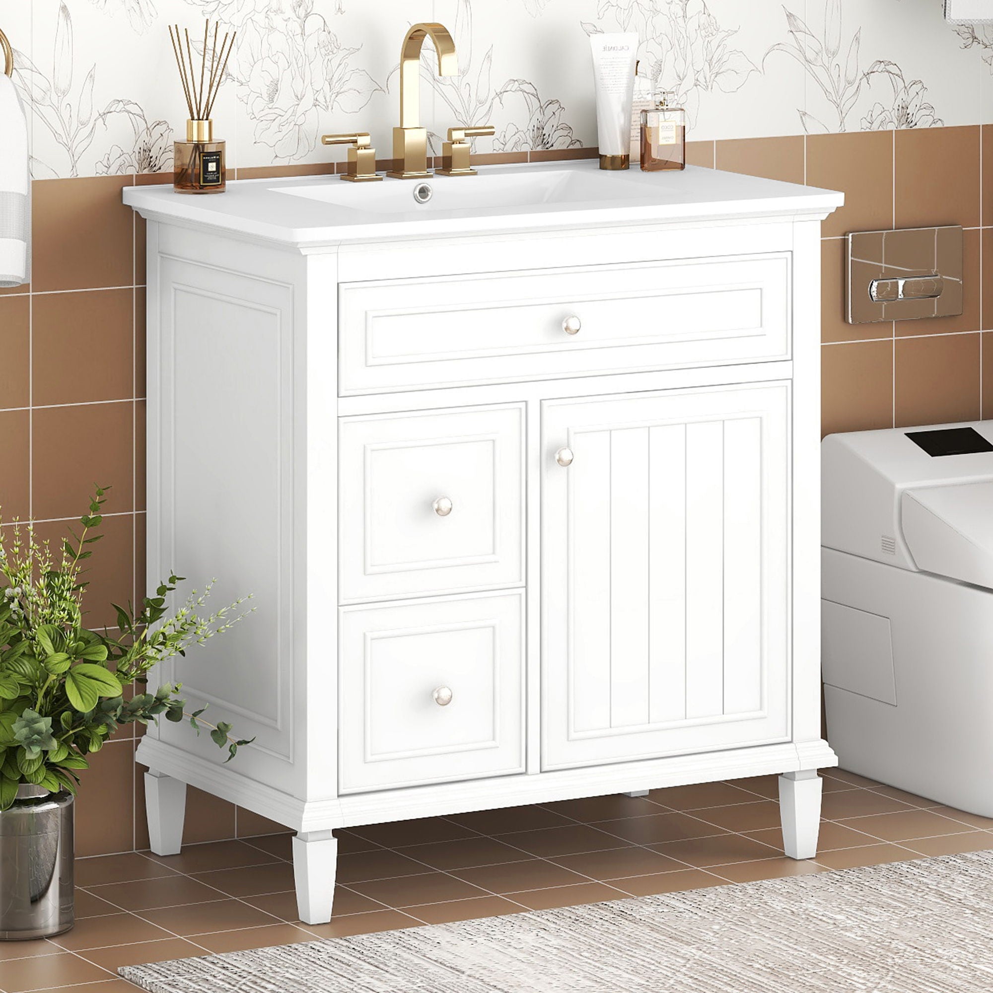 Modern Bathroom Vanity With Sink, Adjustable Shelf, Flip Drawer & 2 Drawers