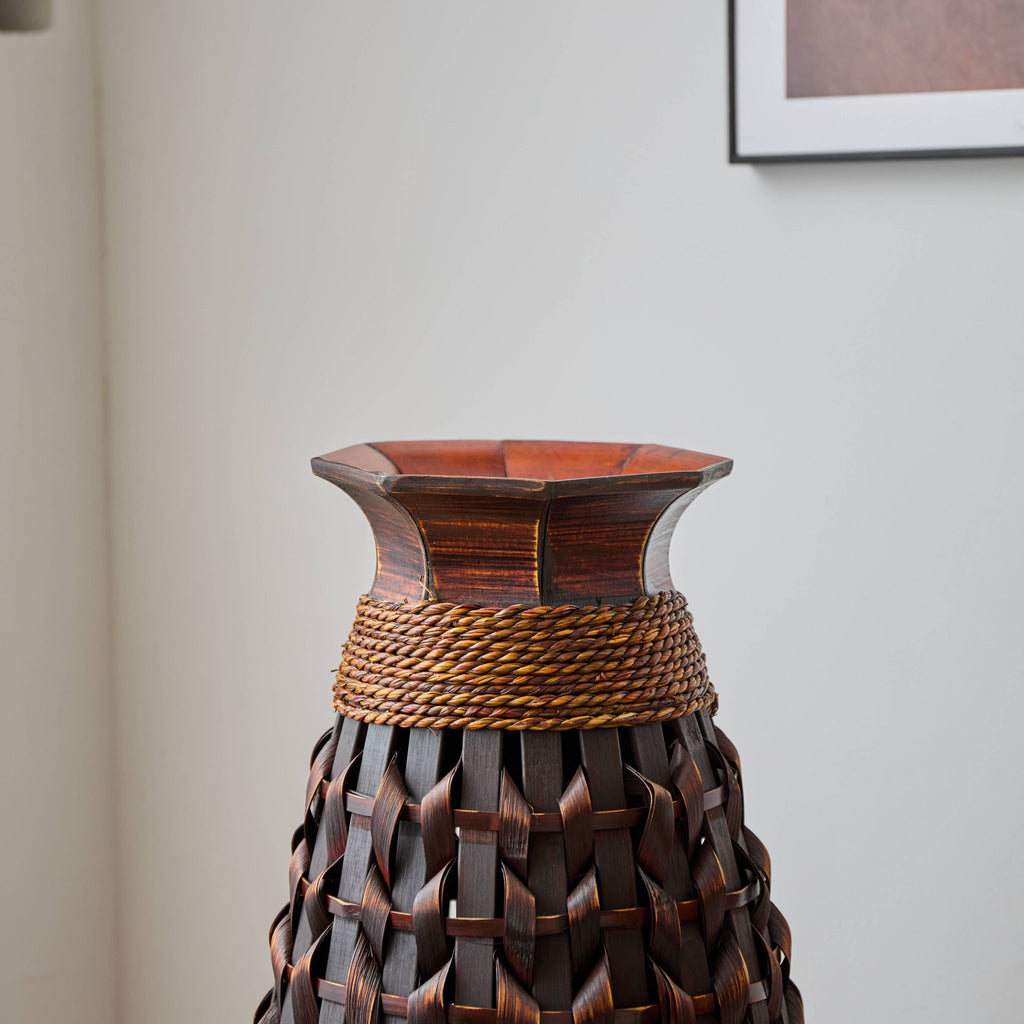 Hand Woven Bamboo Floor Vase, Decorative Accent For Living Room - Acacia Wood