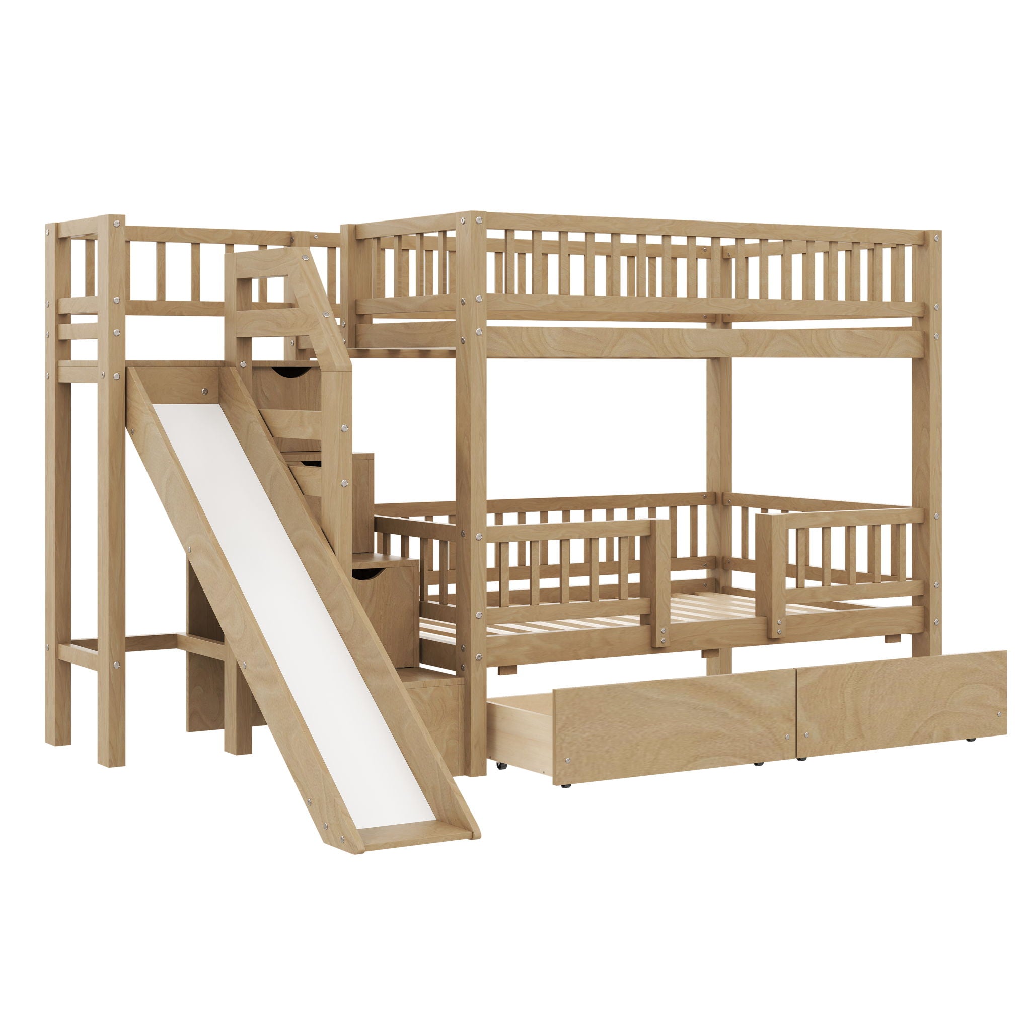 Bunk Bed With Storage Staircase, Slide And 2 Drawers