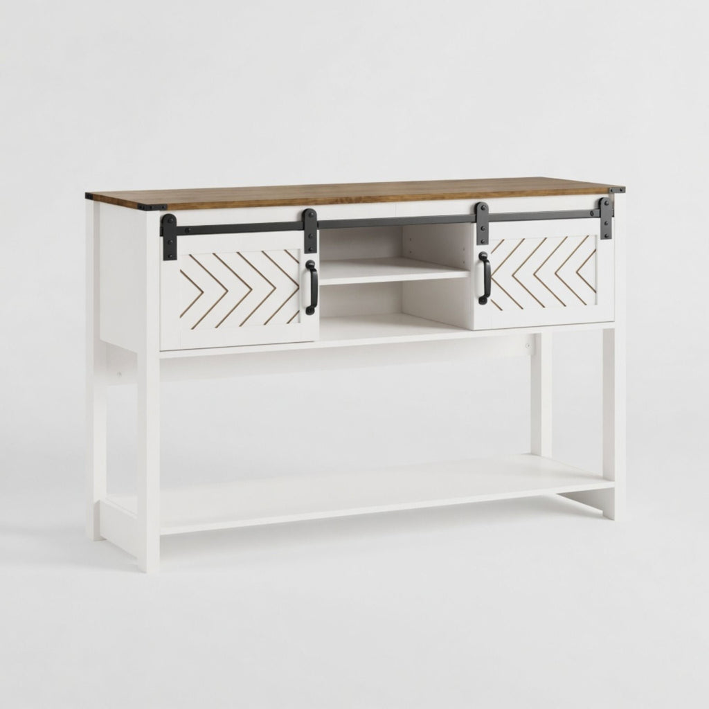 Entryway Table With Sliding Barn Door Storage - White / Oak