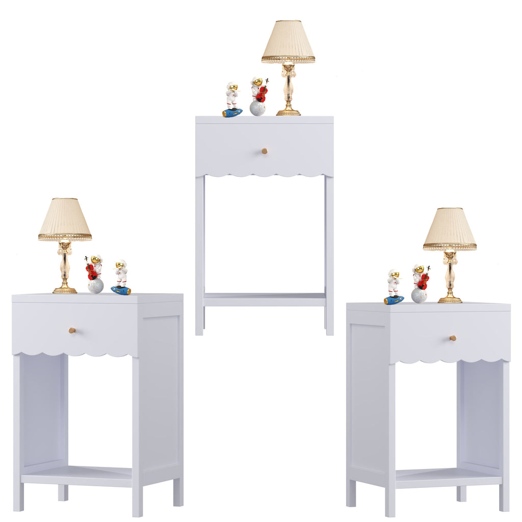 Nightstand With Drawer And Open Shelf, Scalloped Edge Bedside Table