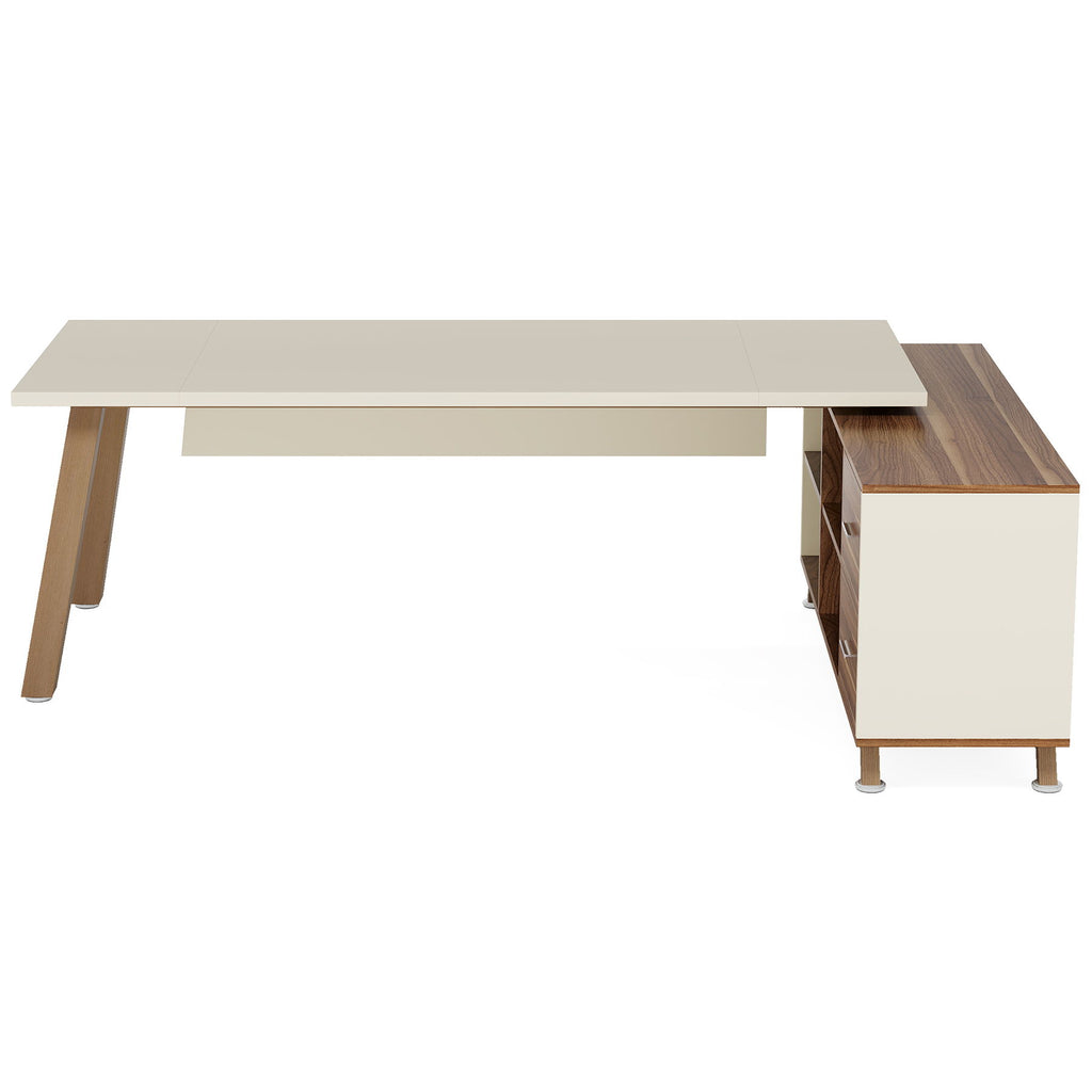 L-Shaped Executive Desk With File Cabinet, Computer Workstation With Drawers And Shelves For Home Office - White / Walnut