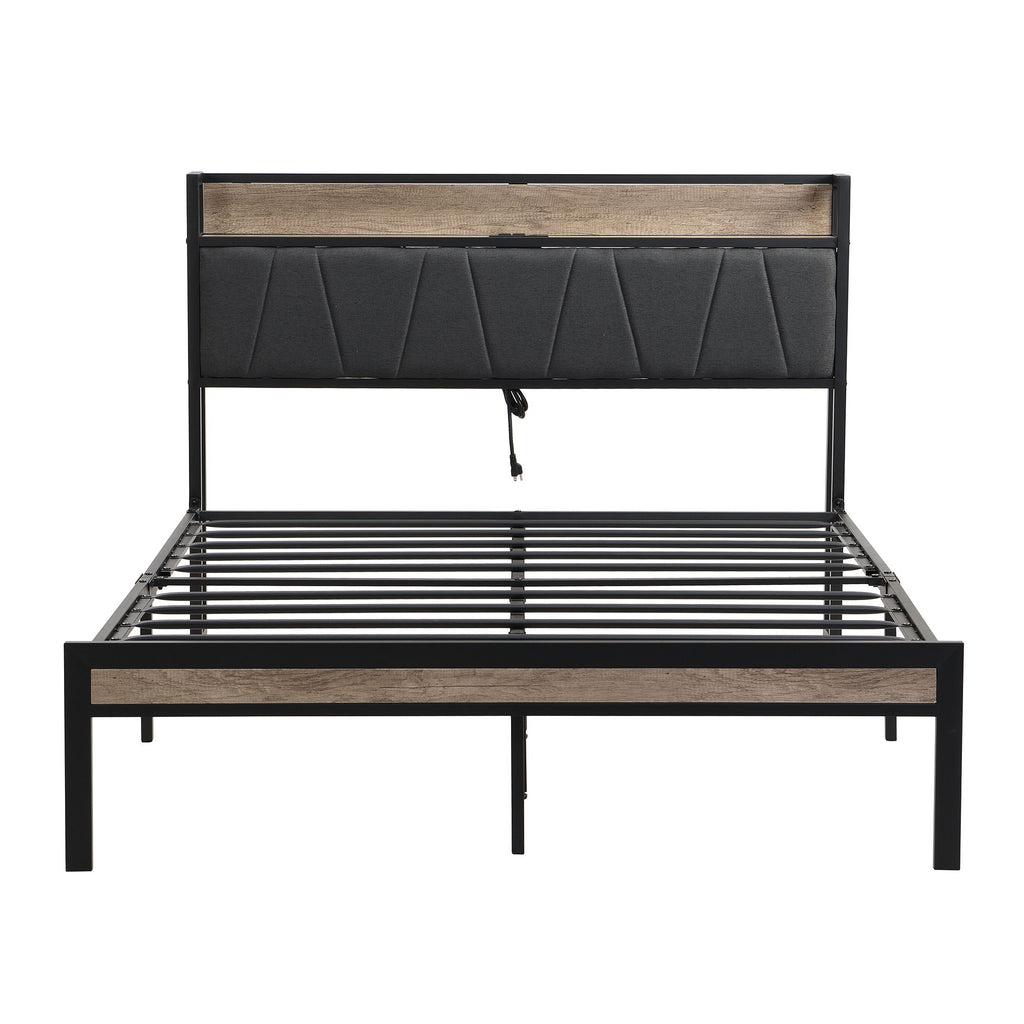 Modern Bed Frame With LED Lights, Upholstered Headboard, USB Charging
