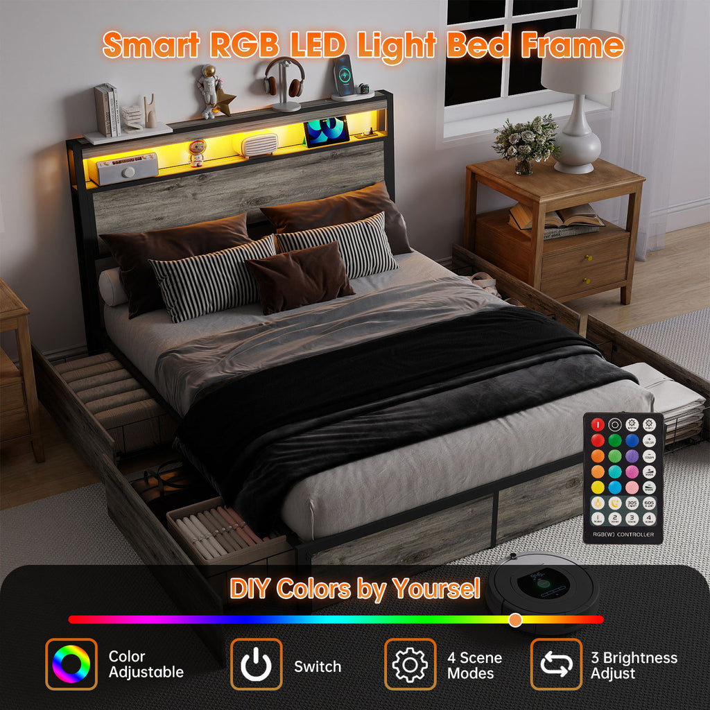 Bed Frame With Headboard, LED Lights & Charging Station