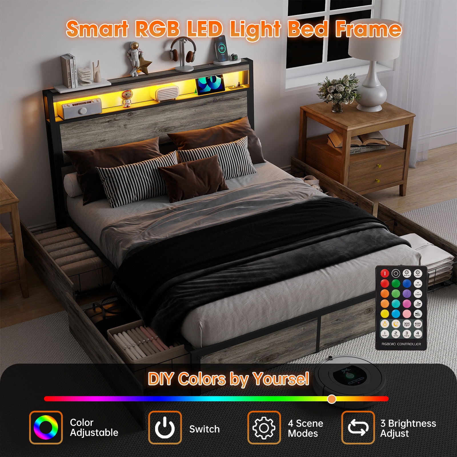 Bed Frame With Headboard, LED Lights & Charging Station